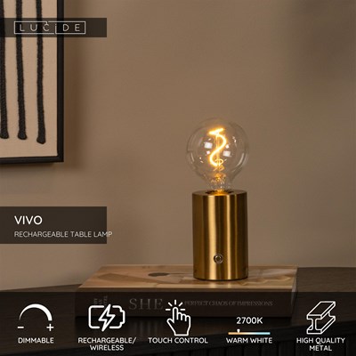 Lucide VIVO - Rechargeable Table lamp - Battery pack - Ø 8 cm - LED Dim. - E27 - 1x1W 2700K - Matt Gold / Brass